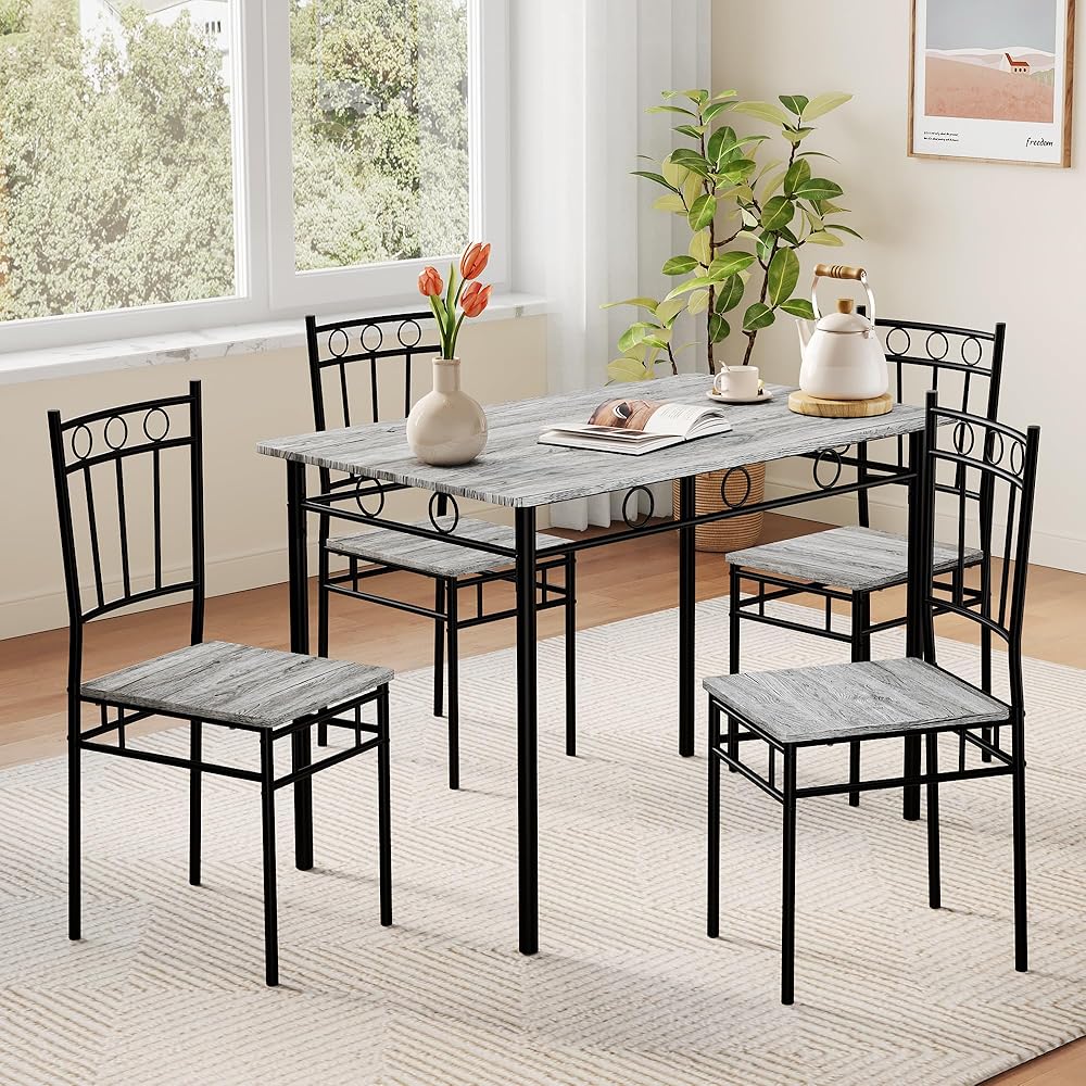 - Vipbear Kitchen Dining Table Set for 4, 5-Piece Kitchen Table Set,Dining Room Table Sets,Rectangular Kitchen Table Set with 4 Chairs for Small Space, Dinette,Apartment,Rustic Grey - Table & Chair Sets