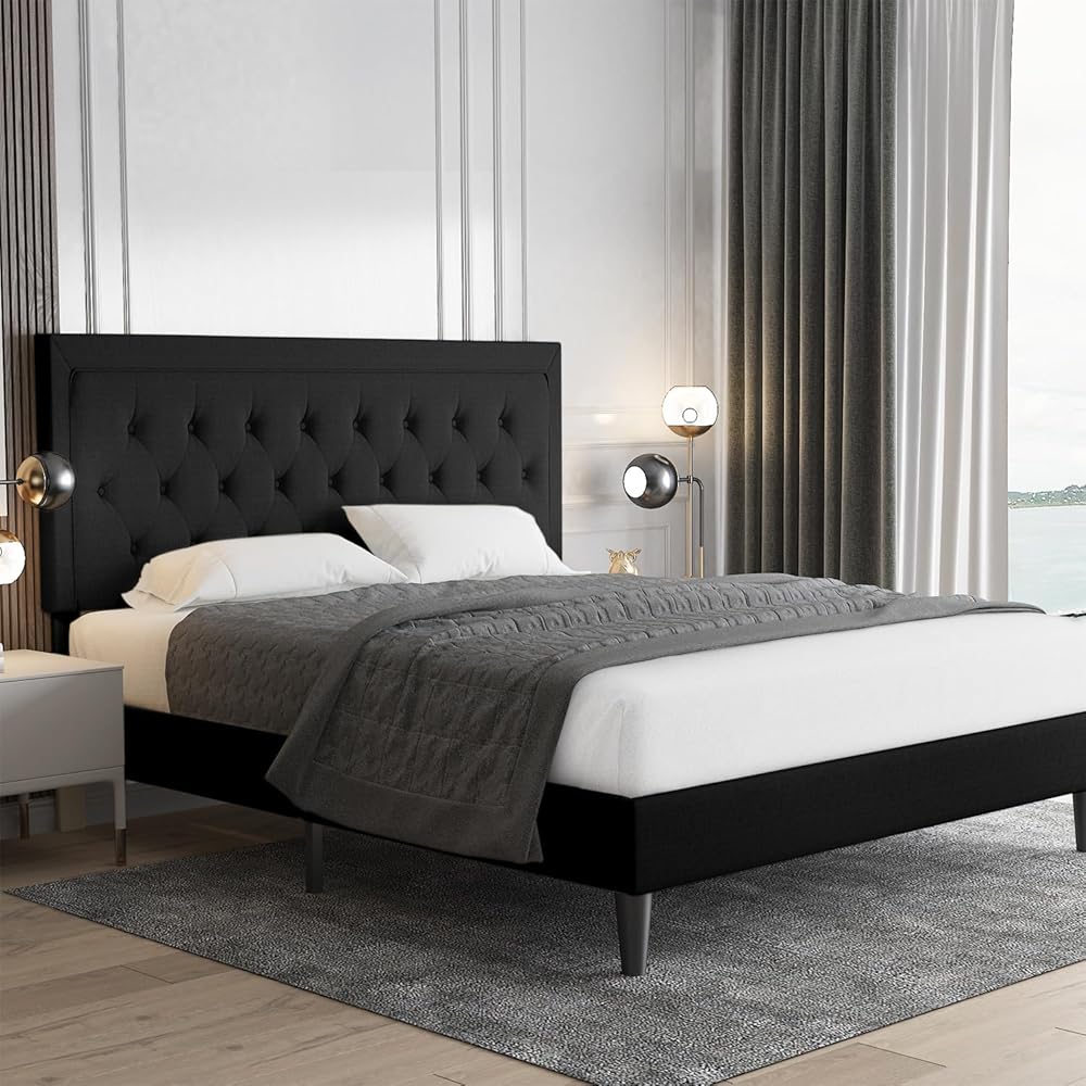Allewie Queen Size Upholstered Platform Bed Frame with Adjustable Headboard, Button Tufted, Wood Slat Support, Easy Assembly, Black : Home & Kitchen