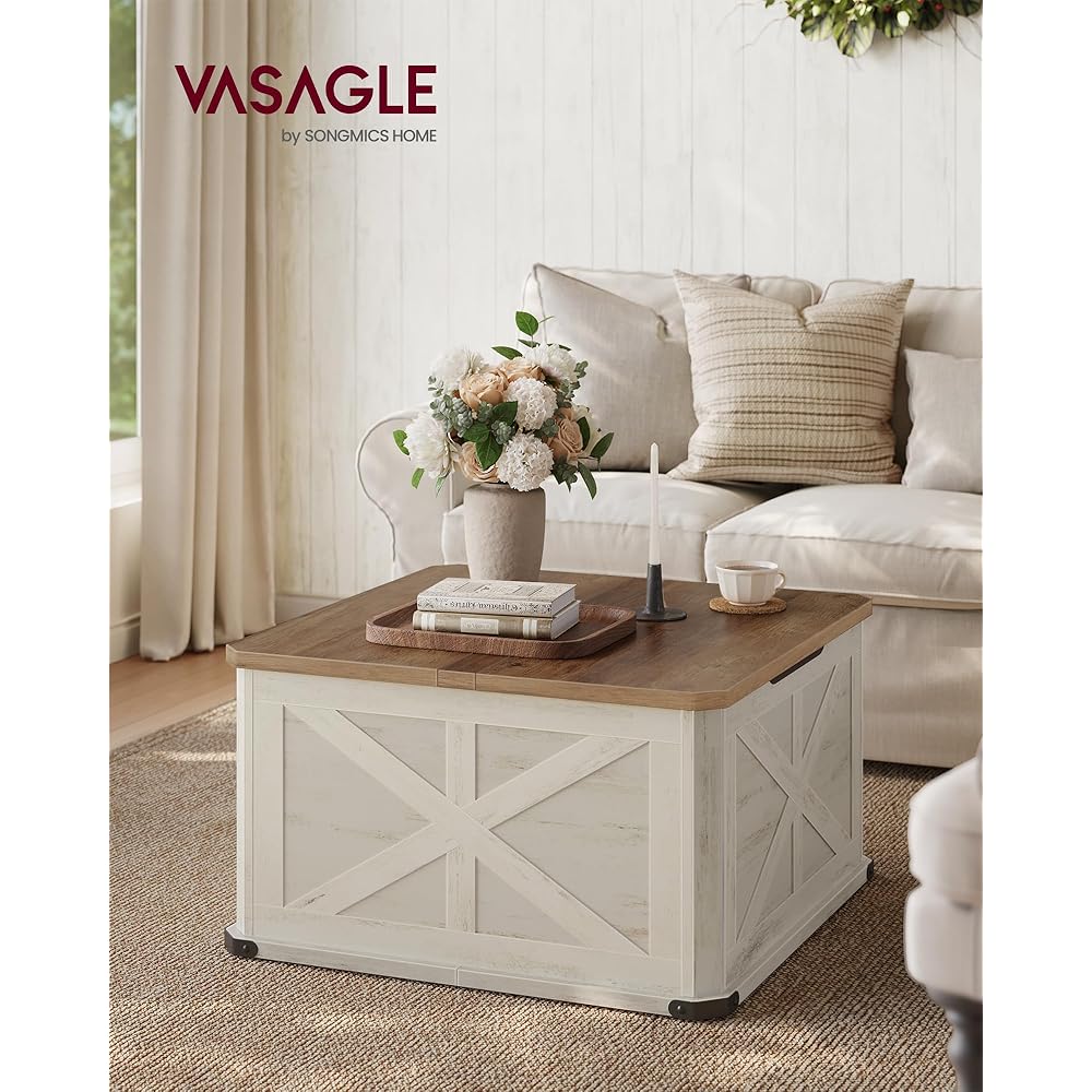 VASAGLE Farmhouse Coffee Table with Storage, Square Coffee Table for Living Room, Center Table with Flip-Top Lids, Honey Brown and Rustic White ULCT232W73 : Home & Kitchen