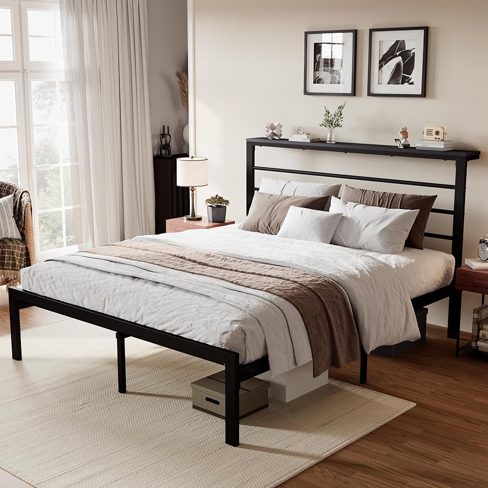 SHA CERLIN Full Size Bed Frame with Headboard Shelf and Strong Metal Foundation, No Box Spring Needed, Black : Home & Kitchen
