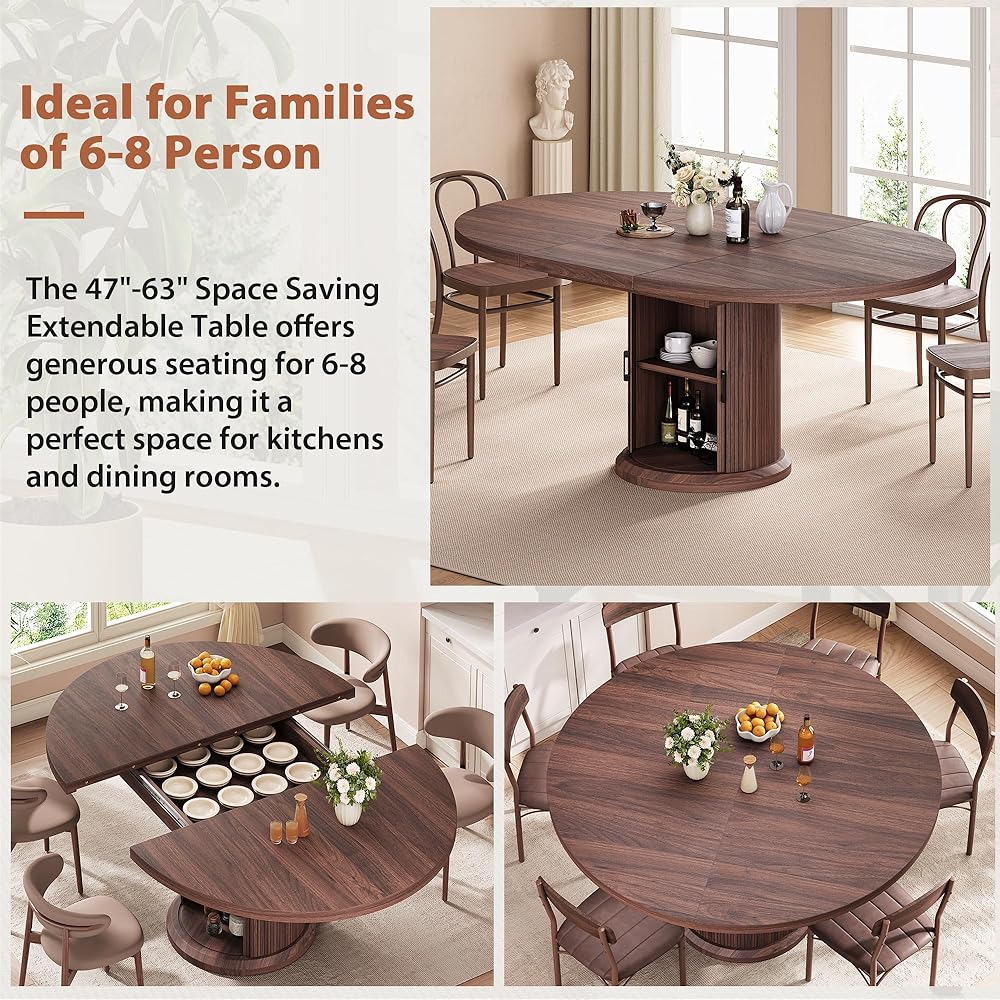 - Dining Table for 4-6,63“Extendable Round Kitchen Dining Room Table with 2-Tier Storage Shelf, Space Saving Expandable Wood Oval Circle Dinner Furniture with Pedestal Base (Brown) - Tables