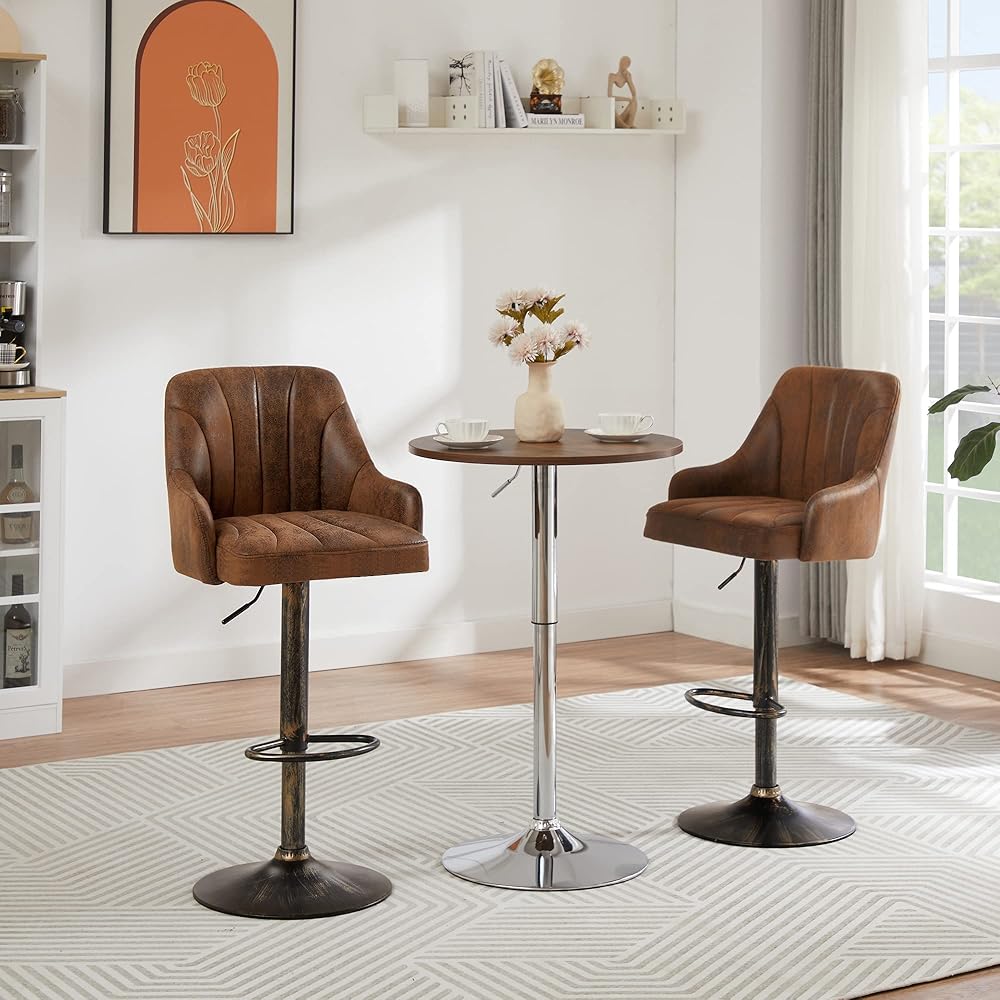 VECELO Bar Stools Set of 2, Adjustable Counter Height Barstools with Back and Arm, Swivel Bar Chair Stools for Kitchen Counter Island Cafe Dining Room, Industrial Style, Brown : Home & Kitchen