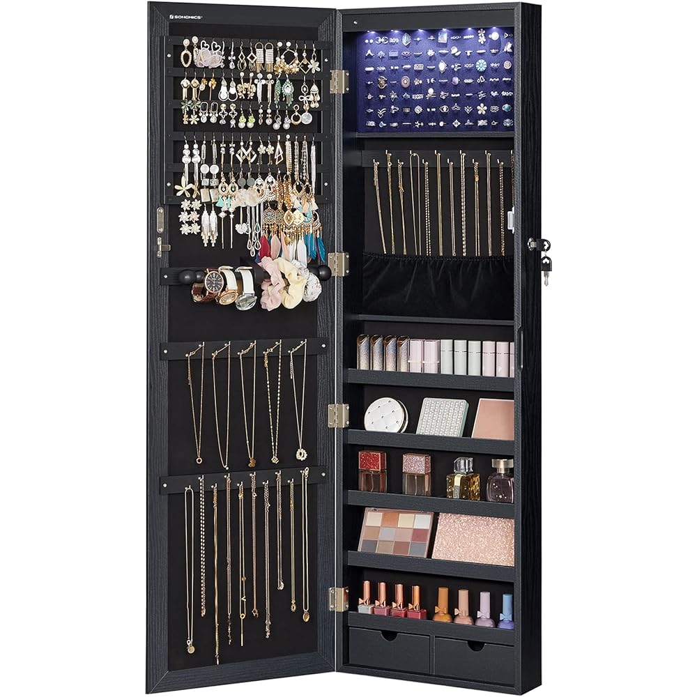 SONGMICS 6 LEDs Mirror Jewelry Cabinet, 47.2-Inch Tall Lockable Wall or Door Mounted Jewelry Armoire Organizer with Mirror, 2 Drawers, 3.9 x 14.6 x 47.2 Inches, Black UJJC093B01 : Clothing, Shoes & Jewelry