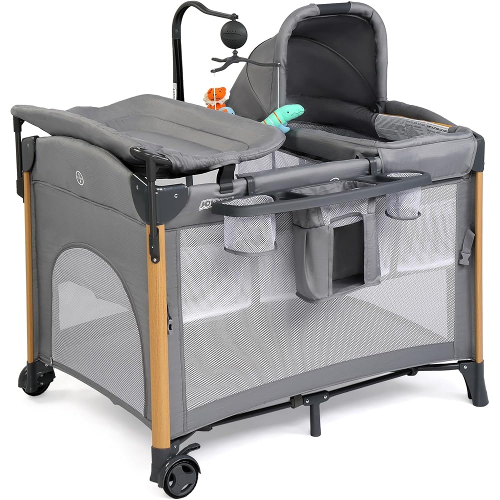 : JOYMOR 7 in 1 Bedside Bassinet with Changing Table, All in One Nursery Center, Bedside Sleeper with Mattress, Sheet, Canopy, Storage Shelf and Hanging Toy,Gray : Baby