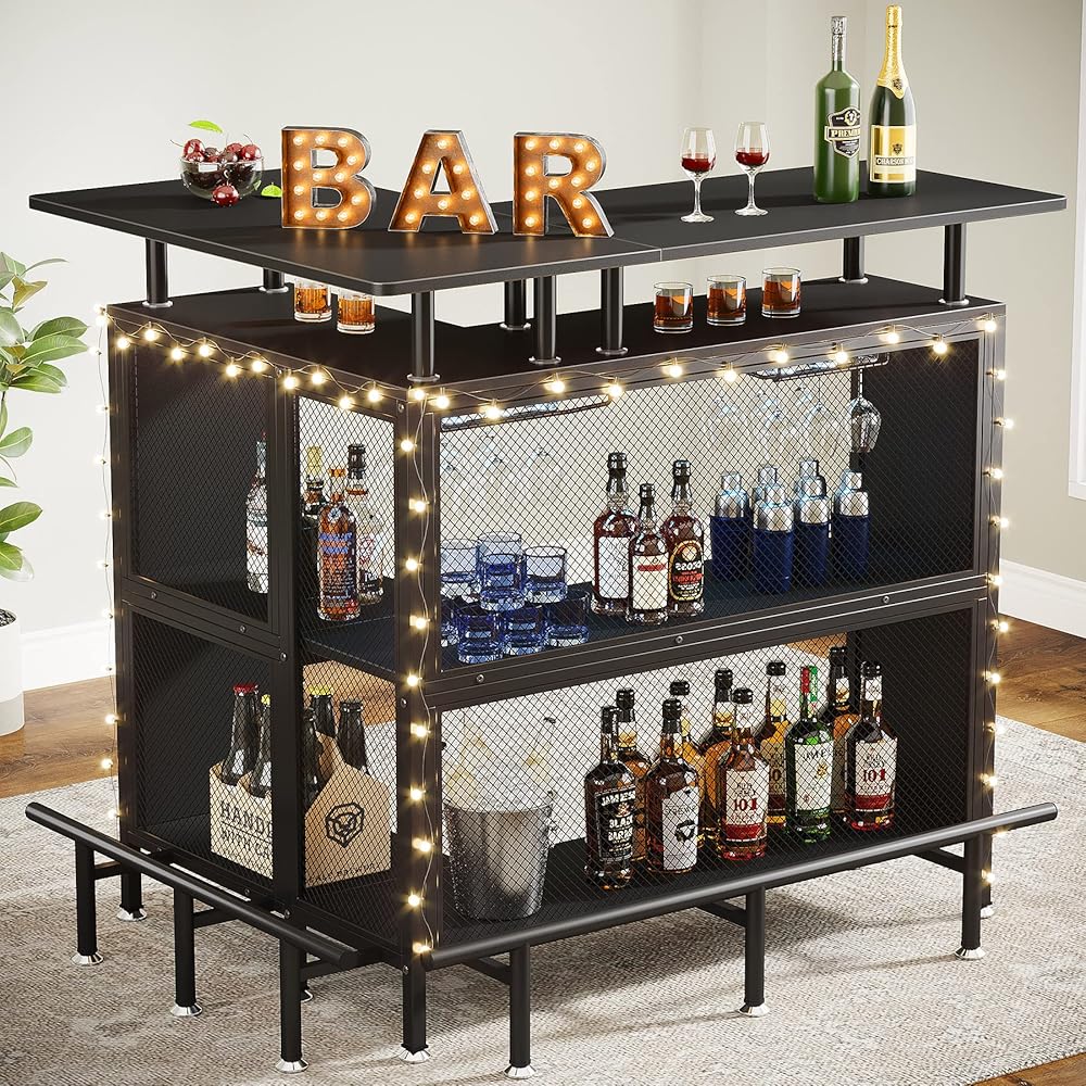 Tribesigns Home Bar Unit, L-Shaped Bar Table with Stemware Racks and 2-Tier Shelves, Corner Mini Coffee Liquor Cabinet with Footrest for Home/Kitchen/Pub, Black : Home & Kitchen