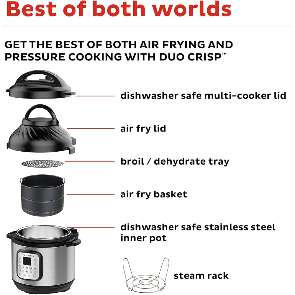 Instant Pot Duo Crisp 11-in-1 Air Fryer and Electric Pressure Cooker Combo with Multicooker Lids that Fries, Steams, Slow Cooks, Dehydrates,Free App With Over 800 Recipes, Black/Stainless Steel, 8QT : Home & Kitchen