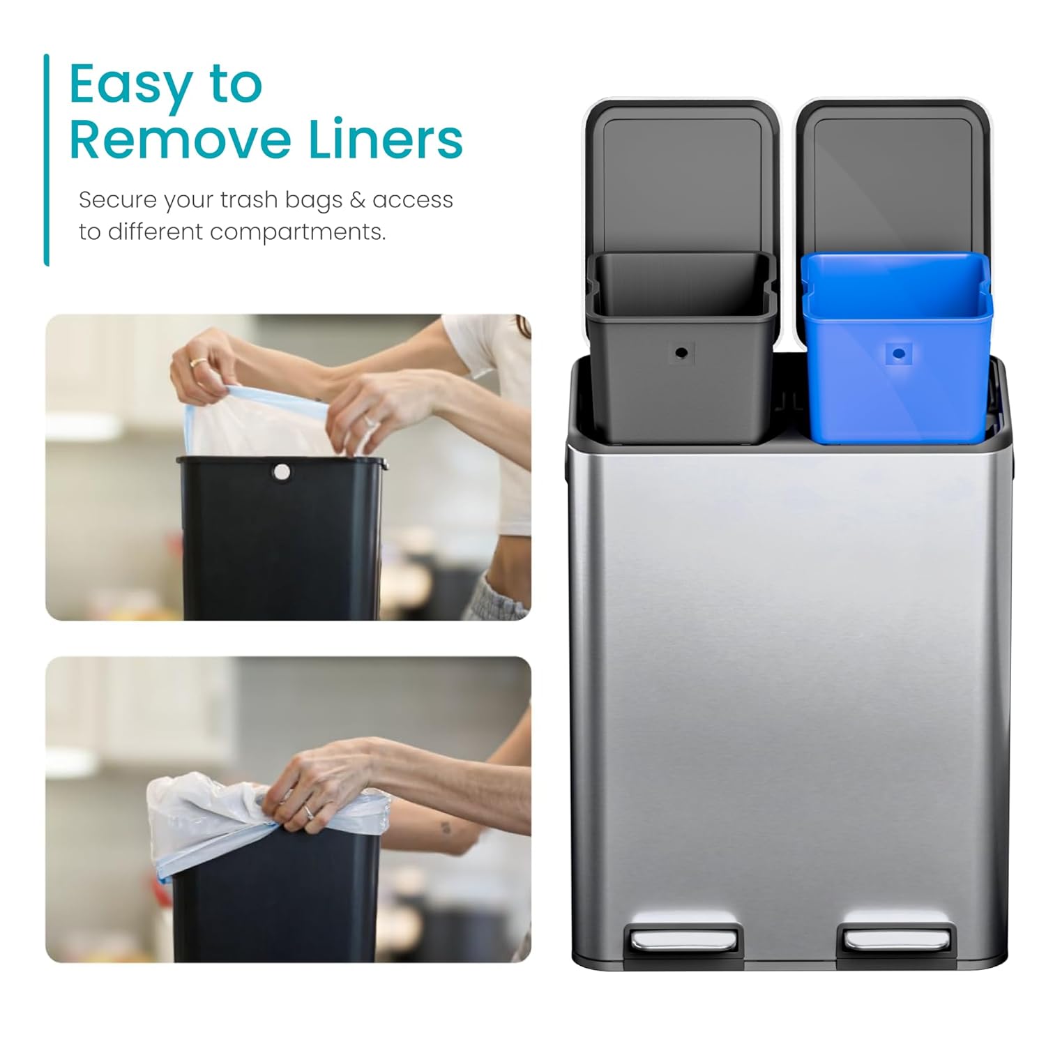 Home Zone Living 16 Gallon Kitchen Trash Can with Dual Compartments for Recycling, Stainless Steel, Silver, 60 Liters Total : Home & Kitchen