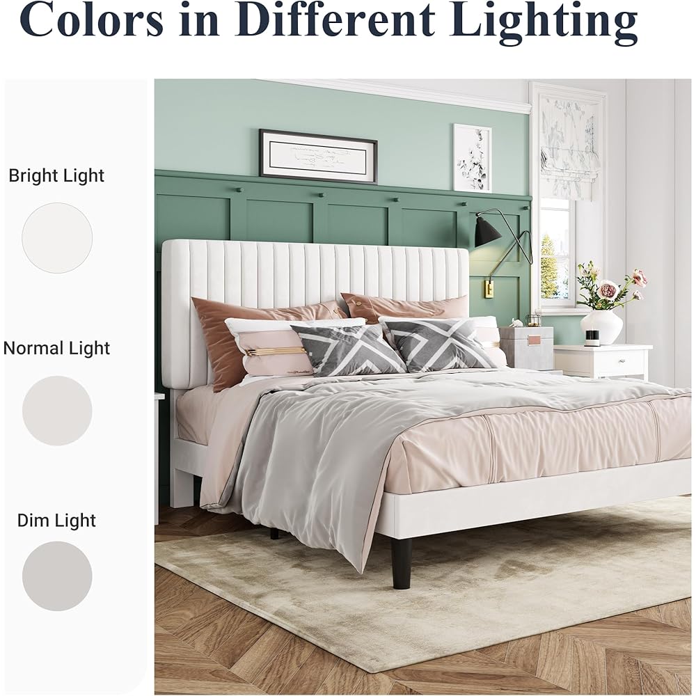 Allewie Queen Bed Frame, Velvet Upholstered Platform Bed with Adjustable Vertical Channel Tufted Headboard, Mattress Foundation with Strong Wooden Slats, Box Spring Optional, Easy Assembly, White : Home & Kitchen