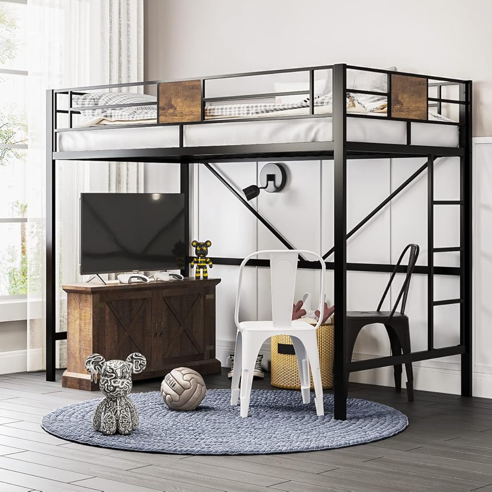 SHA CERLIN Loft Bed Twin Size with Ladder and Guardrail,Rustic Design,Metal Slats Support No Box Spring Needed Small Space Saving Furniture for Bedroom Dorm : Home & Kitchen