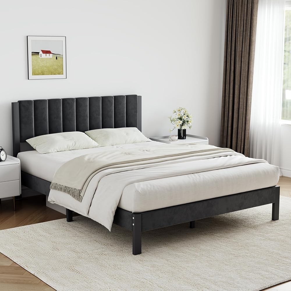 Novilla Full Bed Frame with Piano Keys Headboard and Footboard, Metal Platform Bed Frames Full Size, No Box Spring Needed, Easy Assembly, Steel Slats Support, Velvet Black