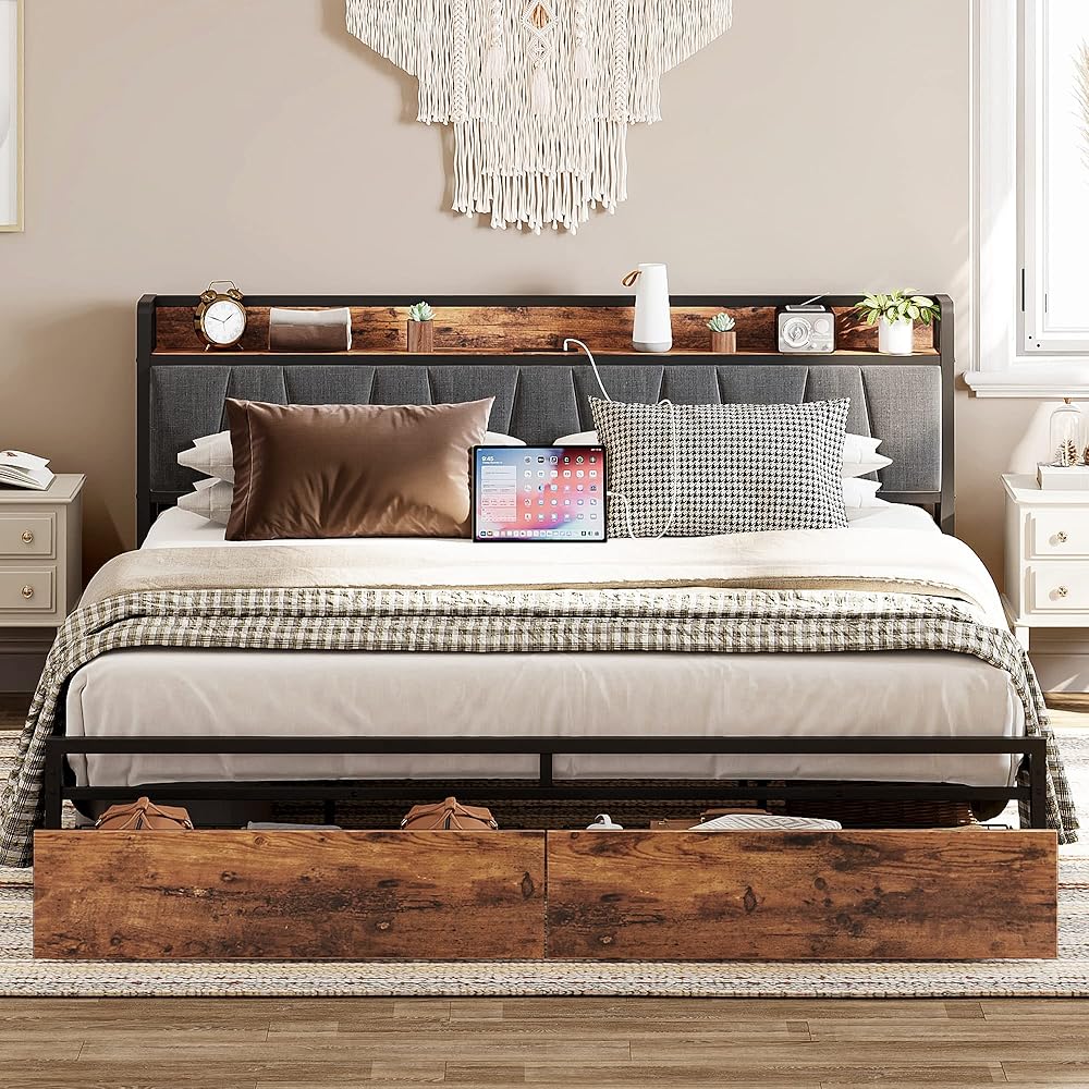 LIKIMIO King Size Bed Frame, Storage Headboard with Charging Station, Platform Bed with Drawers, No Box Spring Needed, Easy Assembly, Vintage Brown and Gray : Home & Kitchen