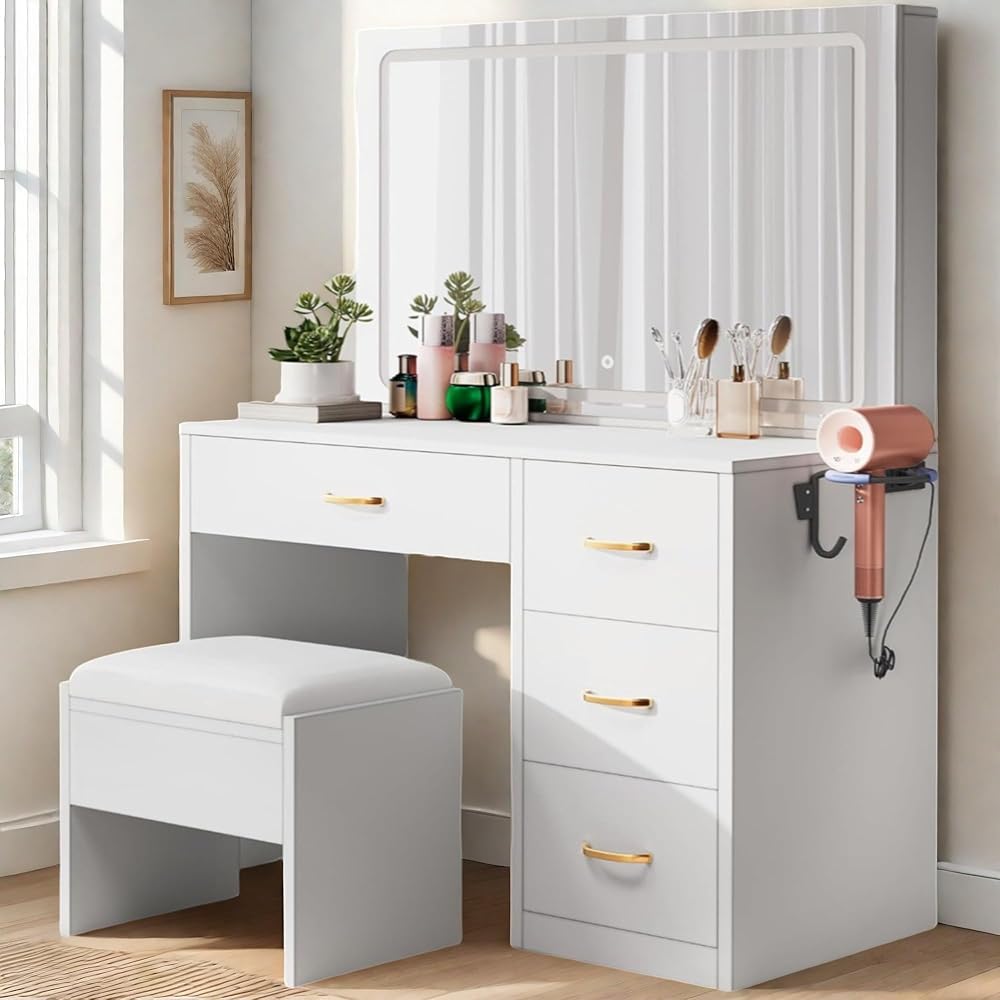 DWVO Makeup Vanity with Large Mirror and LED Lights, Vanity Desk Set with Power Outlet & Chair & 3 Lighting Colors, 4 Drawers, Dressing Table Stool Set for Dressing Room, Pearl White : Home & Kitchen