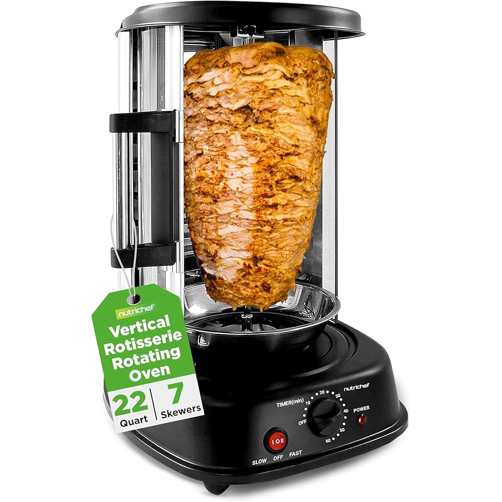 NutriChef Vertical Rotating Turkey & Shawarma Oven | Rotisserie, Shawarma, & Kebab Machine | Stain-Resistant, Energy-Efficient | Heat-Resistant Door | Includes Kebab Rack & 7 Skewers | Stainless Steel: Home & Kitchen