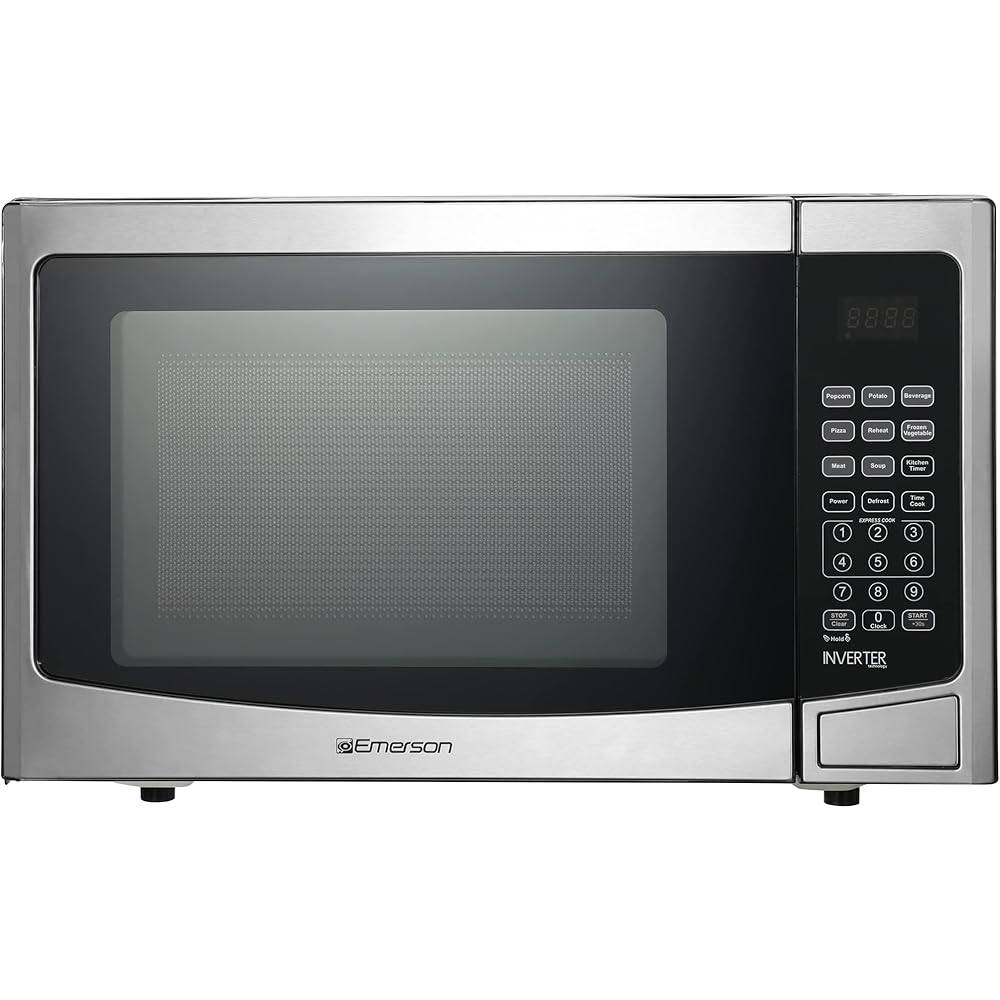 Emerson MWI1212SS Countertop Microwave Oven with Inverter and Button Control, LED Display 1000W 10 Power Levels, 8 Auto Menus, Glass Turntable and Child Safe Lock, 1.2 Cu. Ft, Stainless Steel : Home & Kitchen