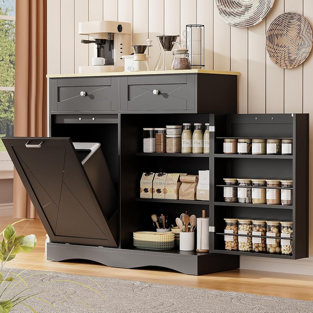 Semoic Tilt Out Trash Can Cabinet, Kitchen TrashCan Cabinet with 12 Gallon Garbage Bins,Wood Hidden Tilt-Out Recycling Pantry Laundry Hamper Pet Proof for Kitchen and Living Room (Black) : Home & Kitchen