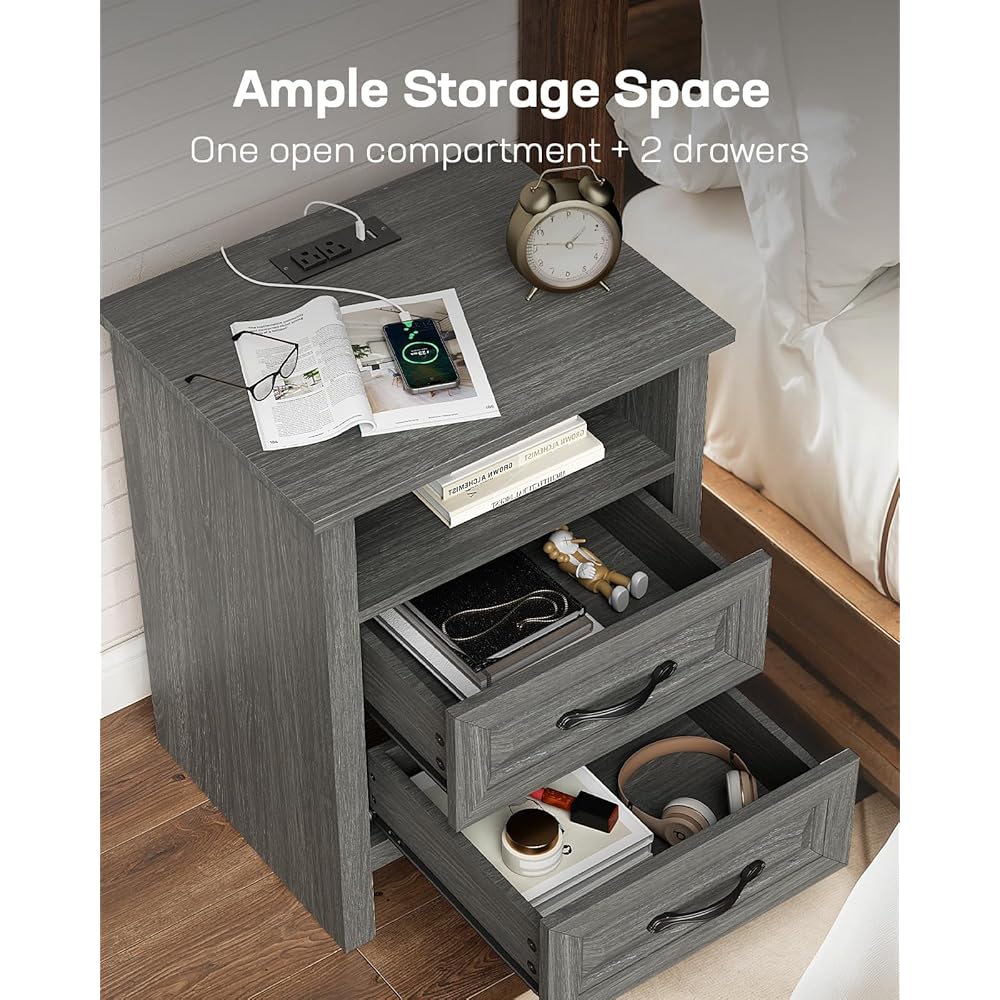 Marsail Farmhouse Nightstand with Charging Station, Bedside Table with 2 Drawers Storage and Open Shelf, Bedside Cabinet for Bedroom, Rustic Side Table, Gray