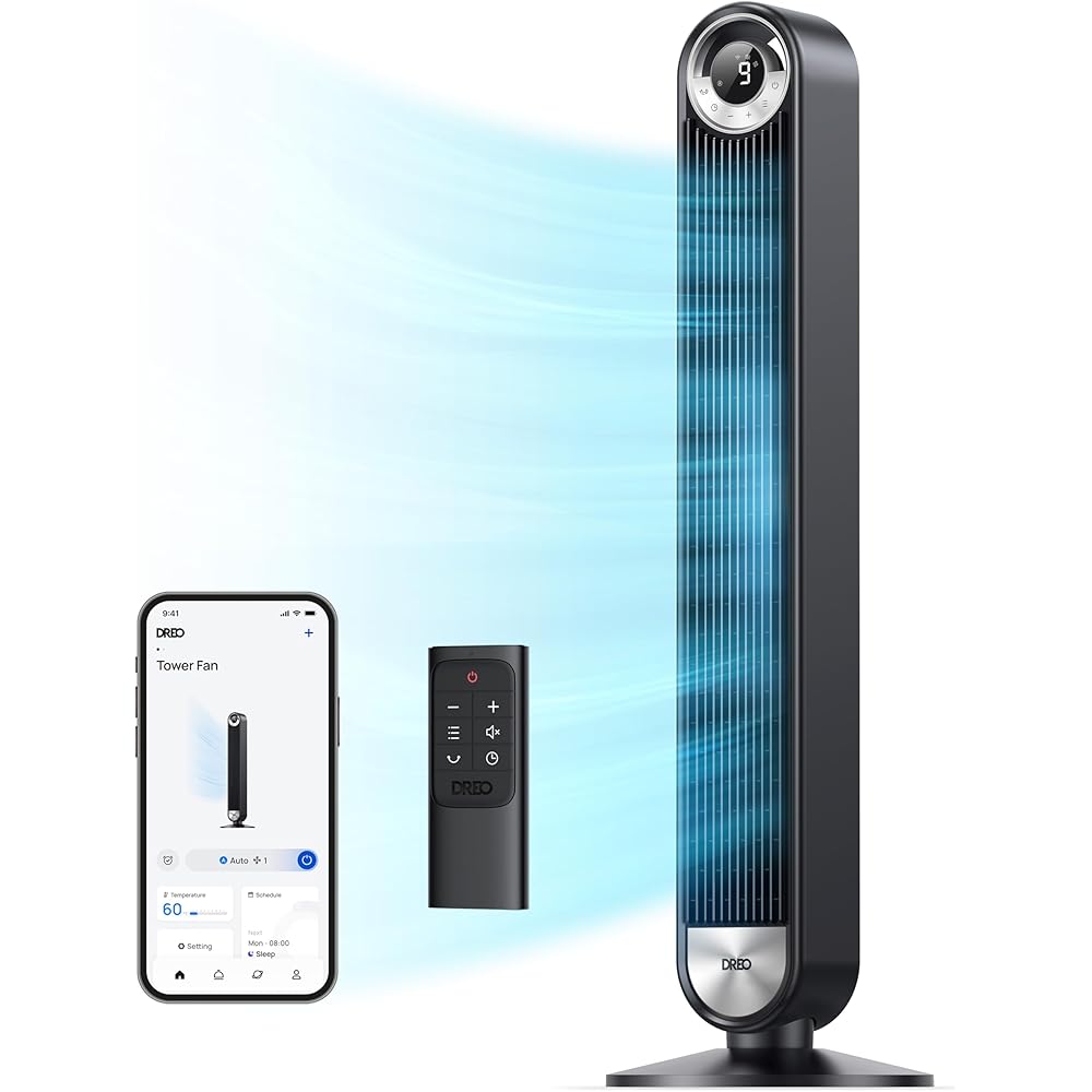 Dreo Tower Fan for Bedroom, 90° Oscillating Standing Floor Fan with 28ft/s Velocity, 25dB Quiet for Sleep, DC Motor, 9 Speeds, 4 Modes, 12H Timer, Voice & APP & Remote Control, 42