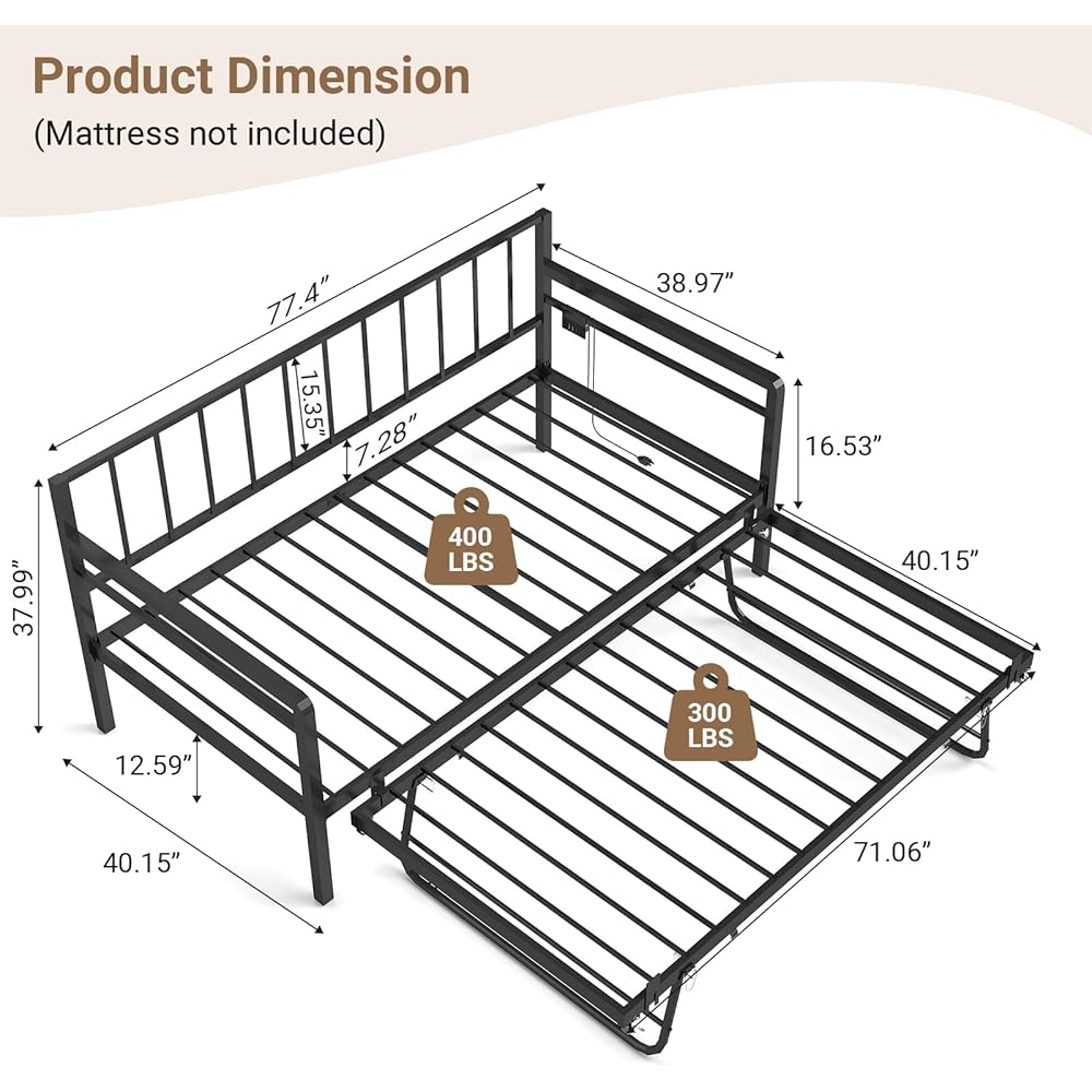 Zevemomo Twin Daybed with Pop Up Trundle, Metal Day Bed Frame with LED Lights and Charging Station, Day Bed with Trundle Bed Twin, Black Daybed for Living Room, Bedroom, Guest Room : Home & Kitchen