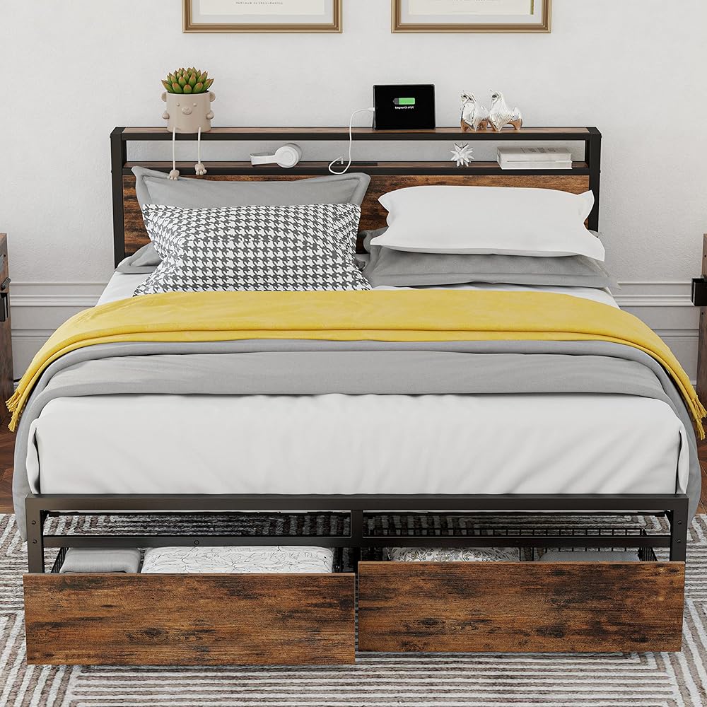 LIKIMIO Queen Bed Frame with Storage Headboard, Platform Bed with Drawers and Charging Station, No Box Spring Needed, Easy Assembly, Vintage Brown : Home & Kitchen