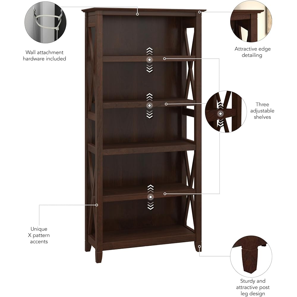 Bush Furniture Tall 5 Shelf Bookcase for Living Room or Home Office, Large Bookshelf, Modern Farmhouse Style, Key West Collection, Bing Cherry : Home & Kitchen