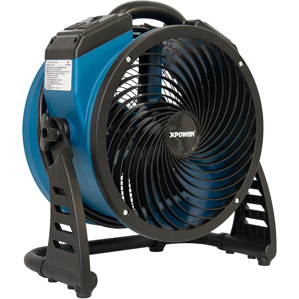 XPOWER P-26AR Industrial Axial Air Mover, Blower, Fan with Build-in Power Outlets for Water Damage Restoration, Home and Plumbing Use - 1 Amp, 1300 CFM, 4 Speeds , Blue