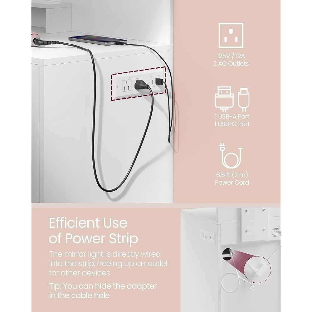 VASAGLE Vanity Desk with Mirror and Lights, 35.4-Inch Wide Makeup Vanity with Upholstered Vanity Stool, Power Outlets, Dimmable LED Lights, Storage Drawer, for Bedroom, Cloud White URDT128W01 : Toys & Games