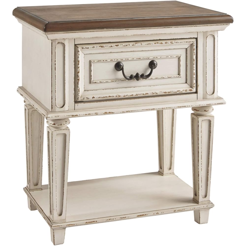 Signature Design by Ashley Realyn Traditional Cottage 1 Drawer Nightstand with Dovetail Construction & Open Display Shelf, Chipped White, 27