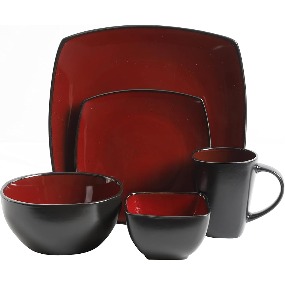| Gibson Soho Lounge Square Reactive Glaze Stoneware Dinnerware Set, Service for 8 (40pc), Red/Black: Dinnerware Sets