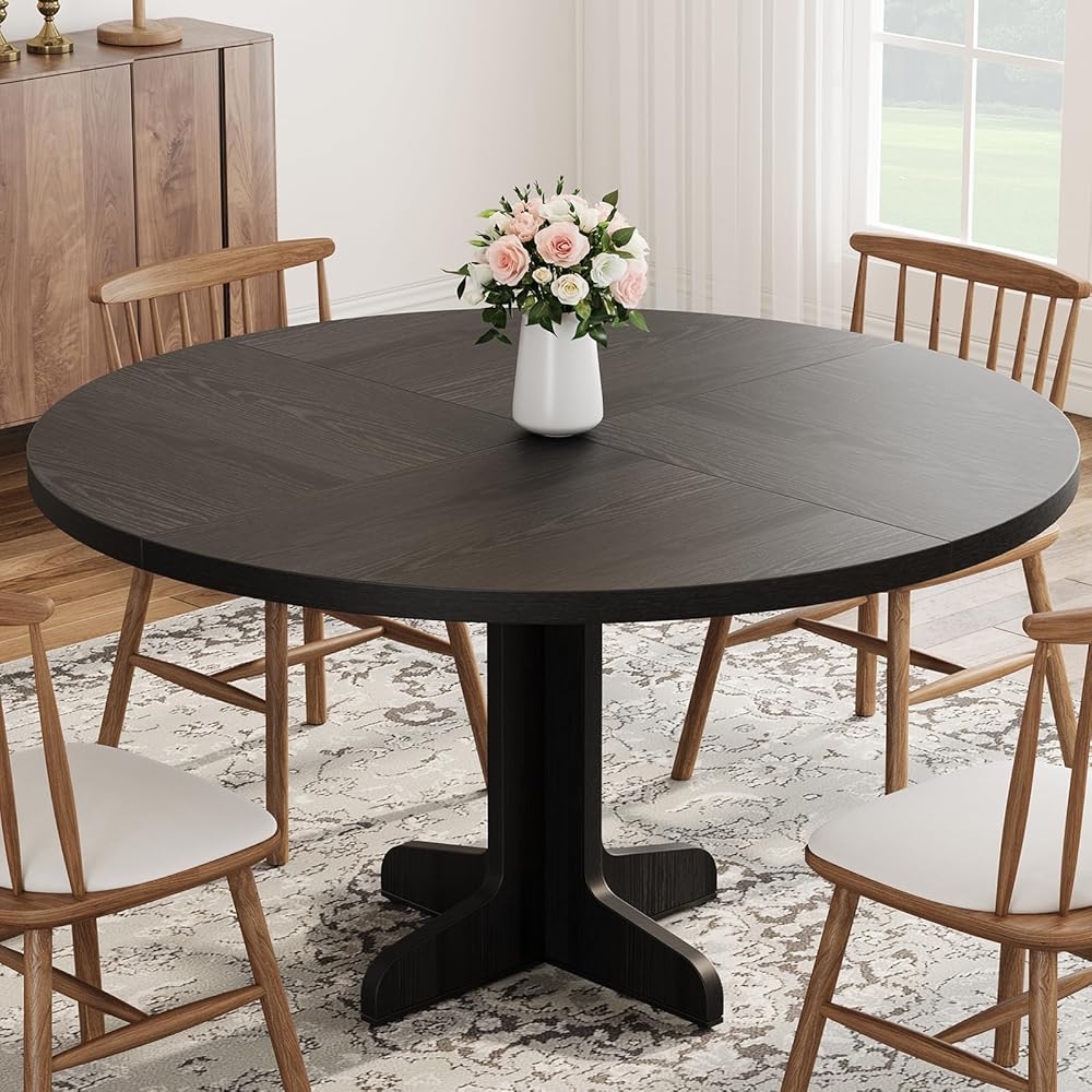 - IDEALHOUSE Round Dining Table for 4, 47 Inches Dining Room Table with Wooden Base, Circle Kitchen Dinner Table for Dining Room, Kitchen, Living Room (Table Only), Black - Tables