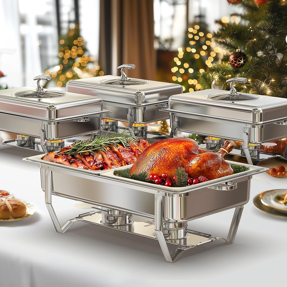 WARMOUNTS Chafing Dishes for Buffet with Glass Lid (9QT, 4Pack) - Food-Grade Stainless Steel, Rolled Edge Design, Foldable Frame, Lid Holder, Buffet Servers and Warmers Parties, Catering, Weddings: Home & Kitchen