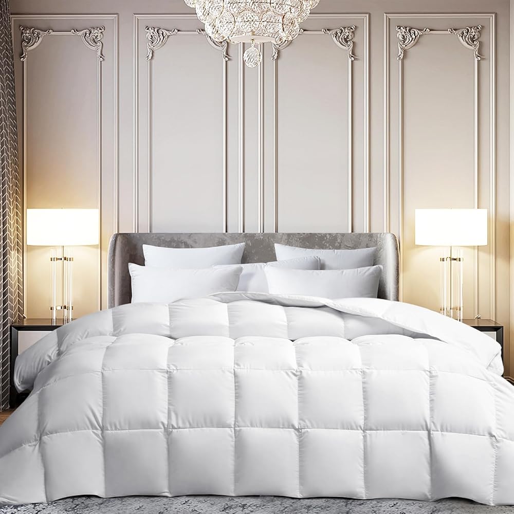 MARTHA STEWART White Goose Feather Down Fiber Comforter Queen Size- All Season Duvet Insert, Noiseless Fabric with 51oz Filled Luxury Cloud Fluffy Bed Comforter with 8 Corner Loops, White 90x90inch : Home & Kitchen