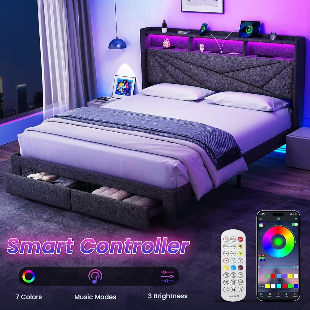 Driftalia LED King Size Bed Frame with 2 Storage Drawers, Upholstered King Bed Frame with Headboard and Charging Station, No Box Spring Needed, Easy to Assembly-Dark Grey : Home & Kitchen