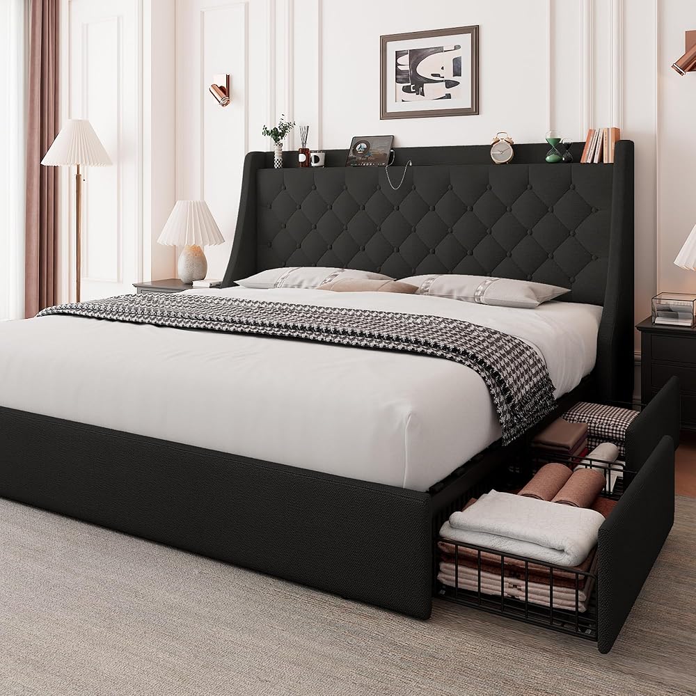 Feonase Upholstered Queen Size Bed Frame with 4 Storage Drawers, Large Wingback Headboard, No Box Spring Needed, Black : Home & Kitchen