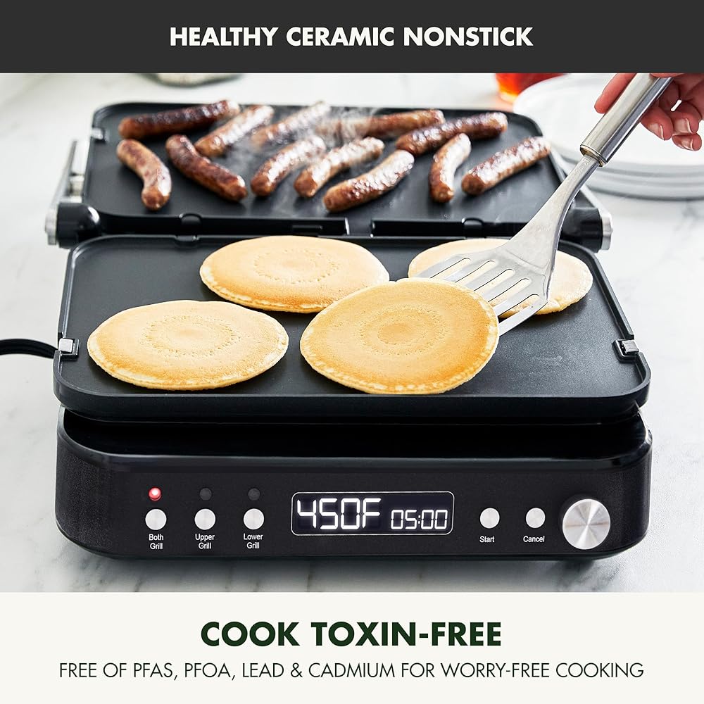 GreenPan 6-in-1 Multifunction Removable Plate Indoor Grill & Electric Griddle, Diamond Infused PFAS Free Ceramic Nonstick Reversible Plates, Opens Flat, Adjustable Temp, Panini Press, Black: Home & Kitchen