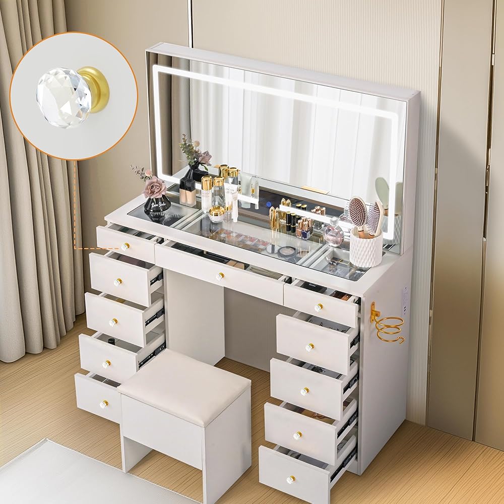 Pamapic Glass Top Vanity Desk with Crystal Handles, 11 Drawers Makeup Vanity with Mirror and Stool, 3 Lighting Modes Dressing Table, Power Outlet, Silent Slides, White : Home & Kitchen