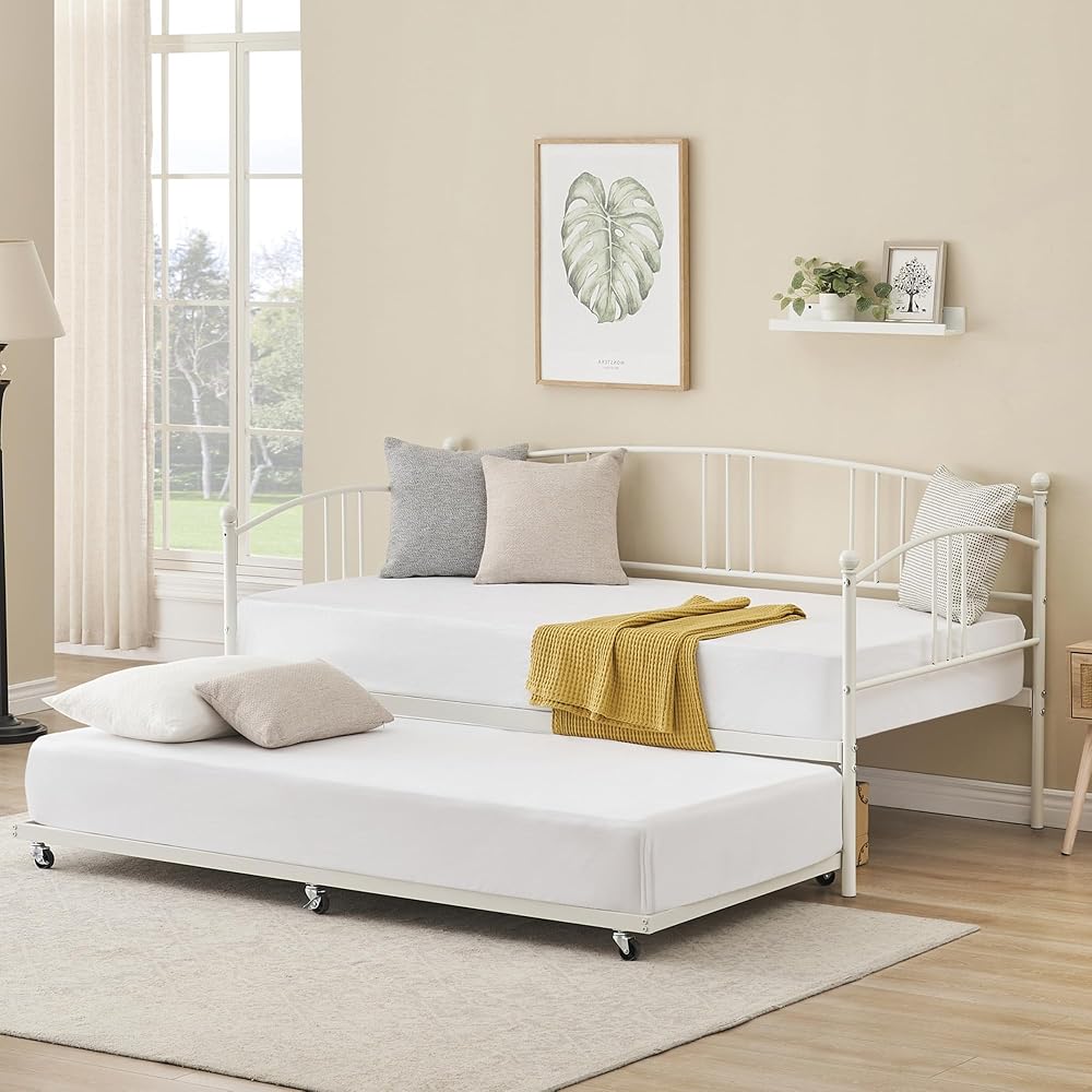 IDEALHOUSE Twin Daybed with Trundle, Metal Twin Size Daybed with Pullout Trundle 6 Casters, Steel Slat Support Sofa Bed for Living Room, Bedroom, Guest Room (White) : Home & Kitchen
