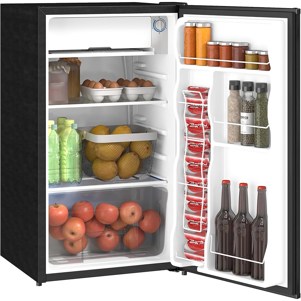 HOMCOM 3.2 Cu.Ft Mini Fridge with Freezer, Single Door Compact Refrigerator with Adjustable Thermostat, Shelf and Reversible Door for Bedroom, Dorm, Home Office, Energy Efficient, Black : Home & Kitchen