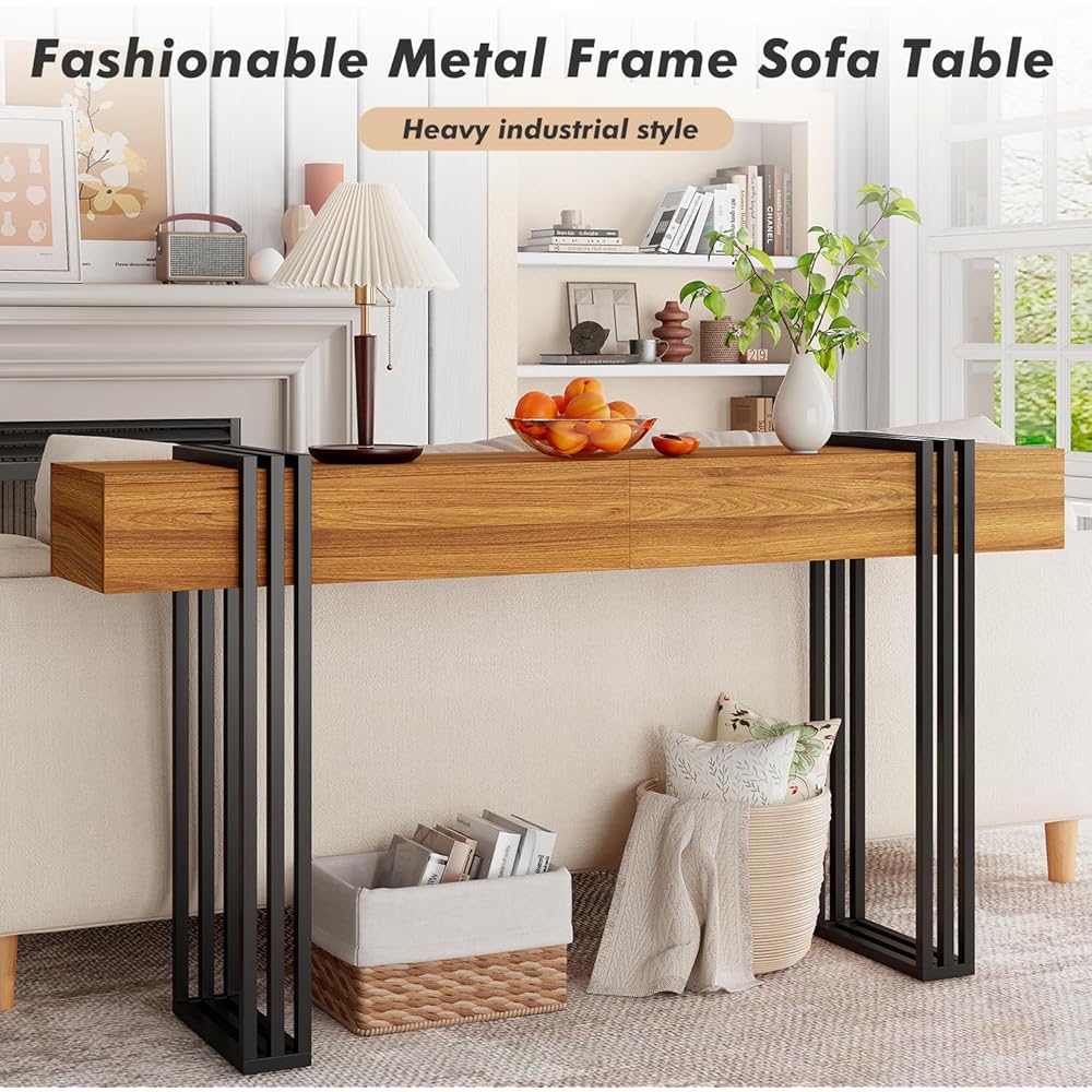 knoworld 63 Inch Long Console Table, Industrial Sofa Table Behind The Couch Rectangular Entryway Table for Entrance Hallway Living Room, Brown : Home & Kitchen