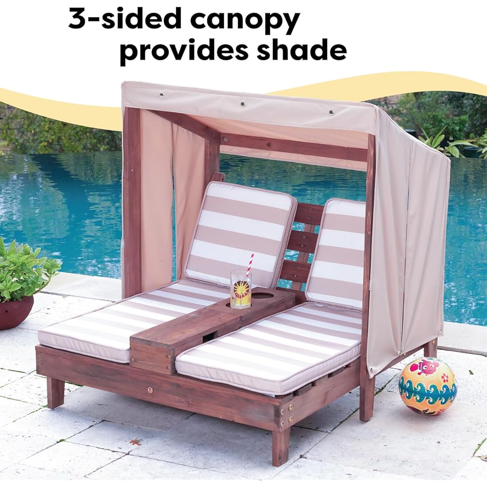 KidKraft Wooden Outdoor Double Chaise Lounge with Cup Holders, Patio Furniture for Kids or Pets, Espresso with Oatmeal and White Striped Fabric : Everything Else