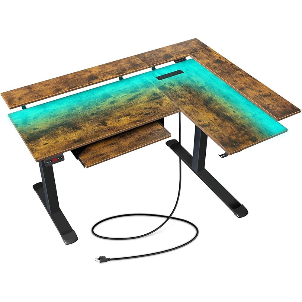 Rolanstar Electric Standing Desk L Shaped with LED Light & Power Outlet, Dual Motor Height Adjustable, Includes Monitor Stand & Keyboard Tray, 61.2