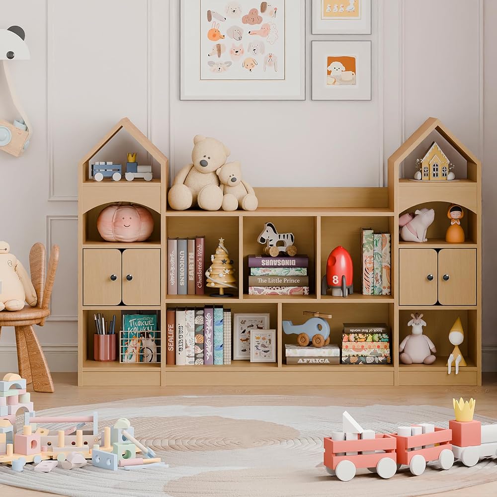 Vabches Castle Shape Children's Bookshelf, Kids Bookcase Display Case Kids Toy Storage Organizer Multifunctional Storage Cabinet Bookshelf Suitable for Playroom, Children's Room, Living Room, Oak : Home & Kitchen