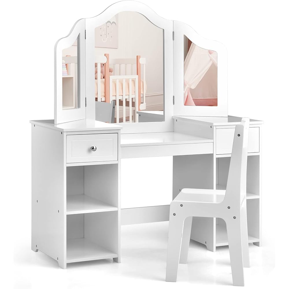 INFANS Kids Vanity, 2 in 1 Princess Makeup Desk and Chair Set with Drawers Tri-Folding Detachable Mirror Large Storage Shelves, Wooden Dressing Table, Pretend Play Vanity Set for Toddler Girls : Home & Kitchen