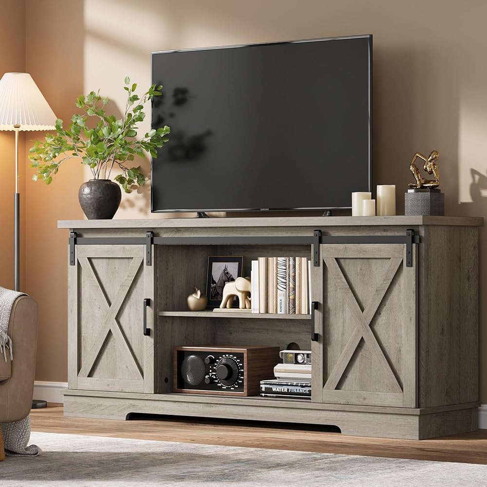 CABIHOME Farmhouse Tv Stand for 65 Inches TVs, Entertainment Center with Storage and Sliding Barn Doors, Adjustable Shelf Modern Media TV Console TV Stand Table for Living Room, Bedroom, Grey : Home & Kitchen