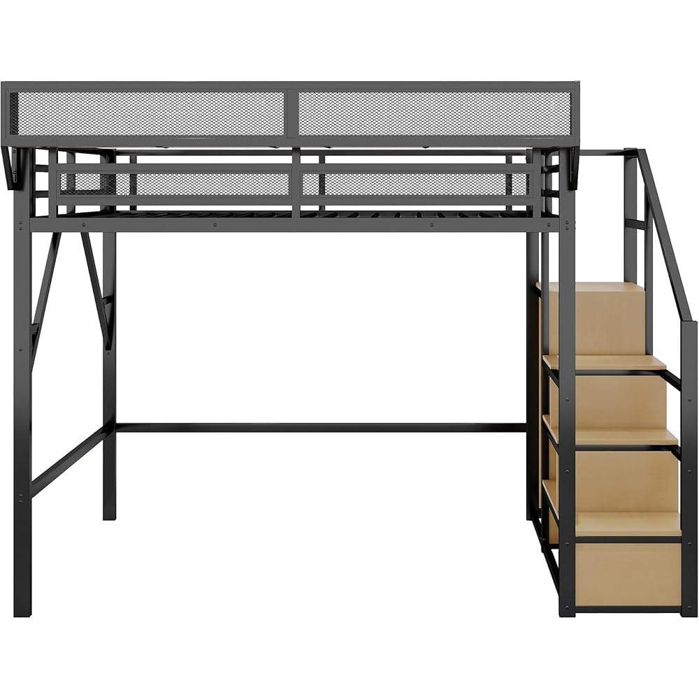 KEIKI Queen Size Metal Loft Bed Frame with Staircase, Built-in Storage Shelves and Wardrobe, Modern Loft Bed with Solid Slats and Guardrail, No Box Spring Required, Easy Assembly, for Bedroom, Black : Home & Kitchen