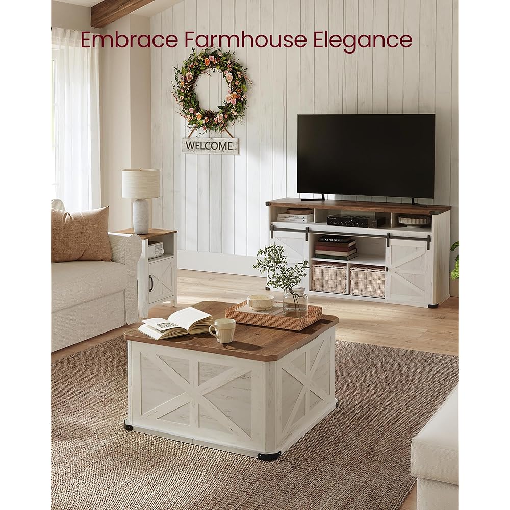 VASAGLE Farmhouse Coffee Table with Storage, Square Coffee Table for Living Room, Center Table with Flip-Top Lids, Honey Brown and Rustic White ULCT232W73 : Home & Kitchen