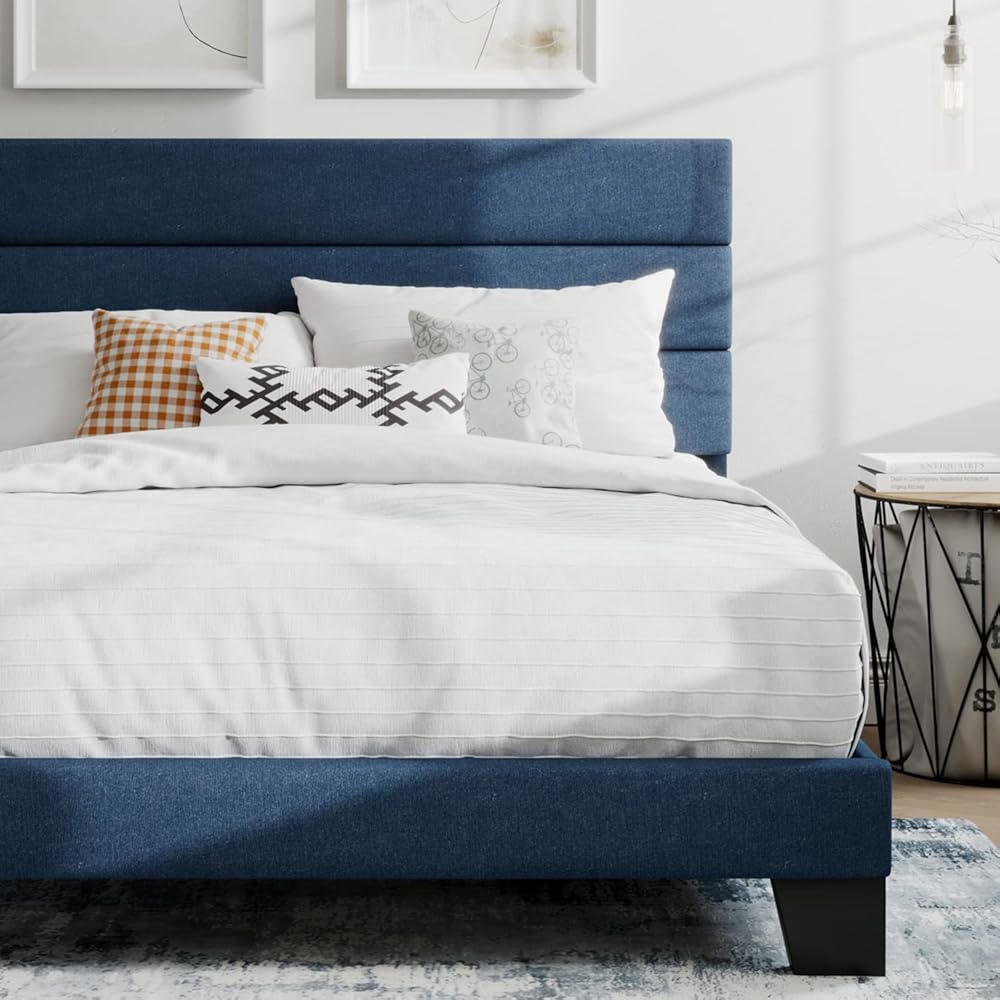 SHA CERLIN Full Platform Bed Frame with Upholstered Fabric Headboard, Mattress Foundation with Strong Wooden Slats Support, No Box Spring Needed, Blue : Home & Kitchen