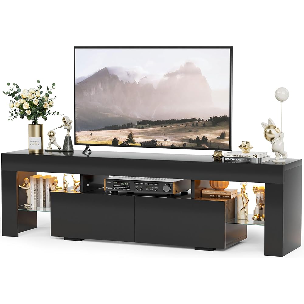YESHOMY Modern LED TV Stand for Televisions up to 70 Inch with Glass Shelves and Drawer, Gaming Entertainment Center with Multiple Dynamic RGB Modes, for Livingroom, Bedroom, 60 Inch, Black : Home & Kitchen