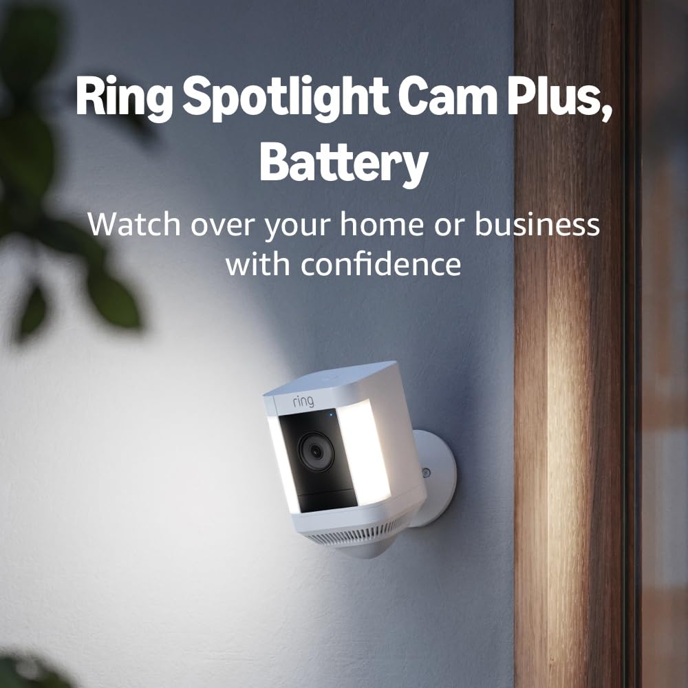 Amazon Official: Introducing Ring Spotlight Cam Plus, Battery | Two-Way Talk, Color Night Vision, and Security Siren (2022 release) - White