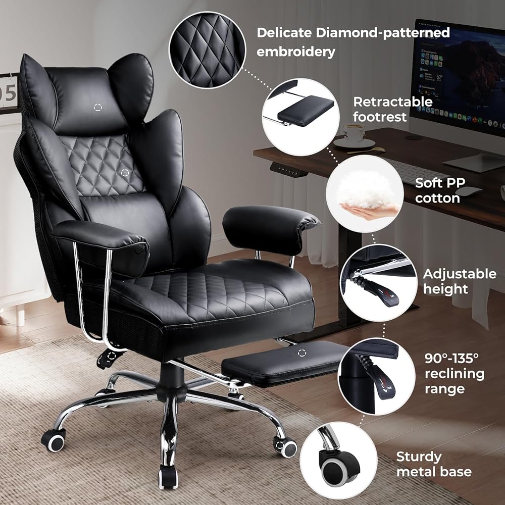 COMHOMA Big and Tall Office Chair, High Back Leather Gaming Chair with Footrest, Executive Ergonomic Office Chair with Pocket Spring Lumbar Support and with Outward Fixed Soft Armrests : Home & Kitchen