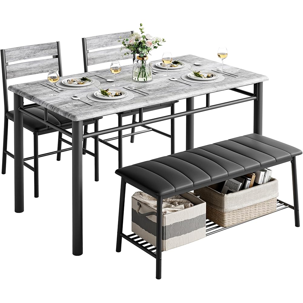 - IRONCK Dining Table Set for 4, Kitchen Table with Upholstered Bench and 2 Chairs, Kitchen Table and Chairs Set for Small Space, Apartment, Gray - Table & Chair Sets